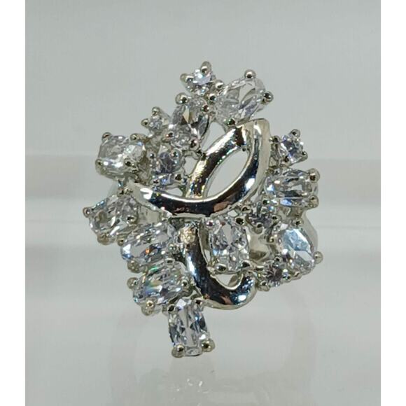 Vintage Ring Size 5.25 Silver Tone White Gold GP CZ Ribbon Cluster Cocktail NOS - Picture 1 of 10